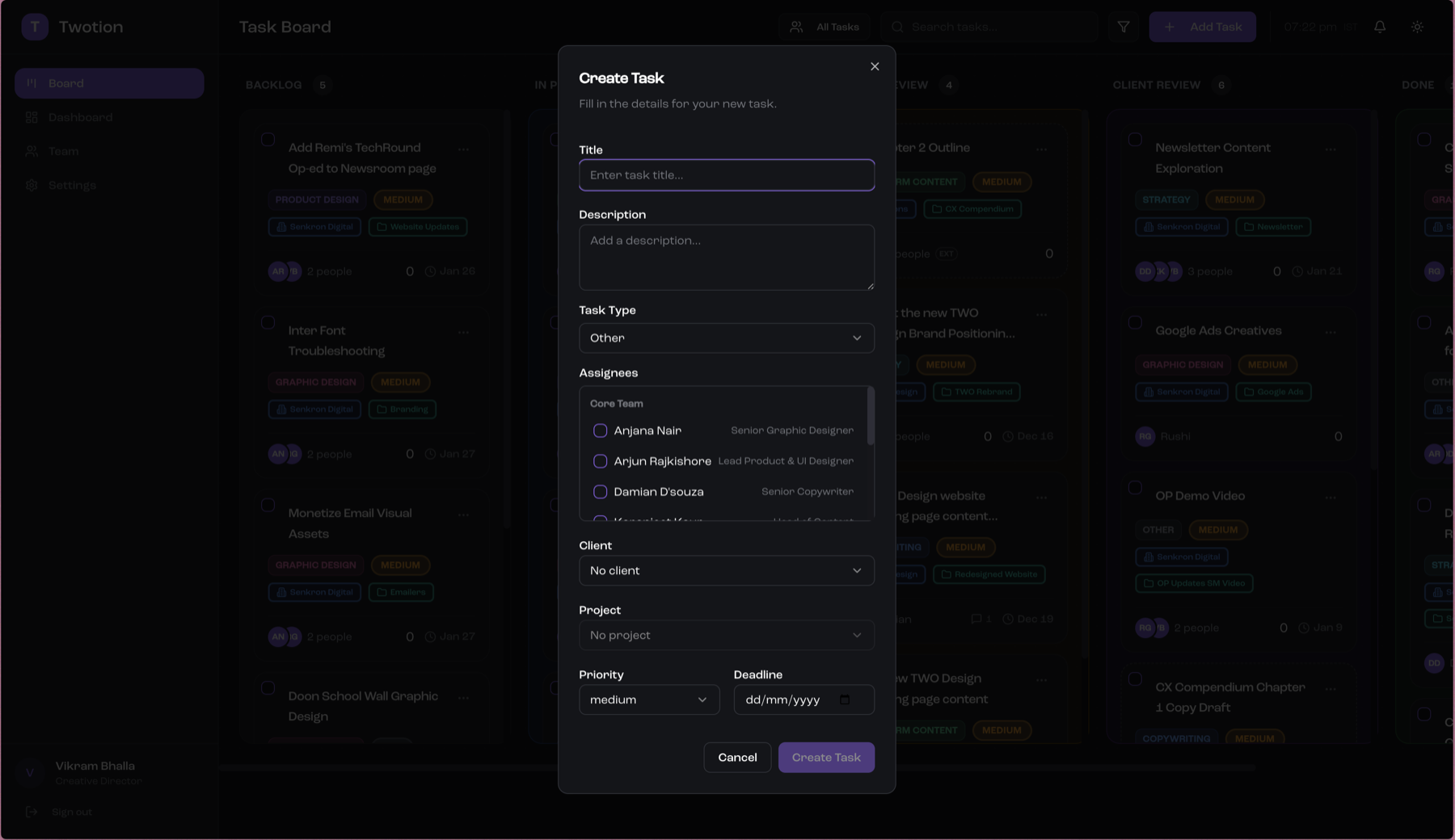 Create task modal showing form fields for title, description, assignees, and deadline