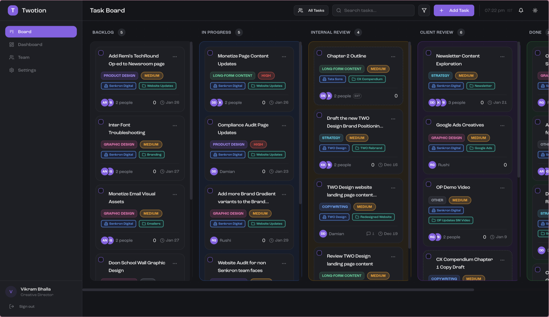 Twotion kanban board showing task cards organized by status columns