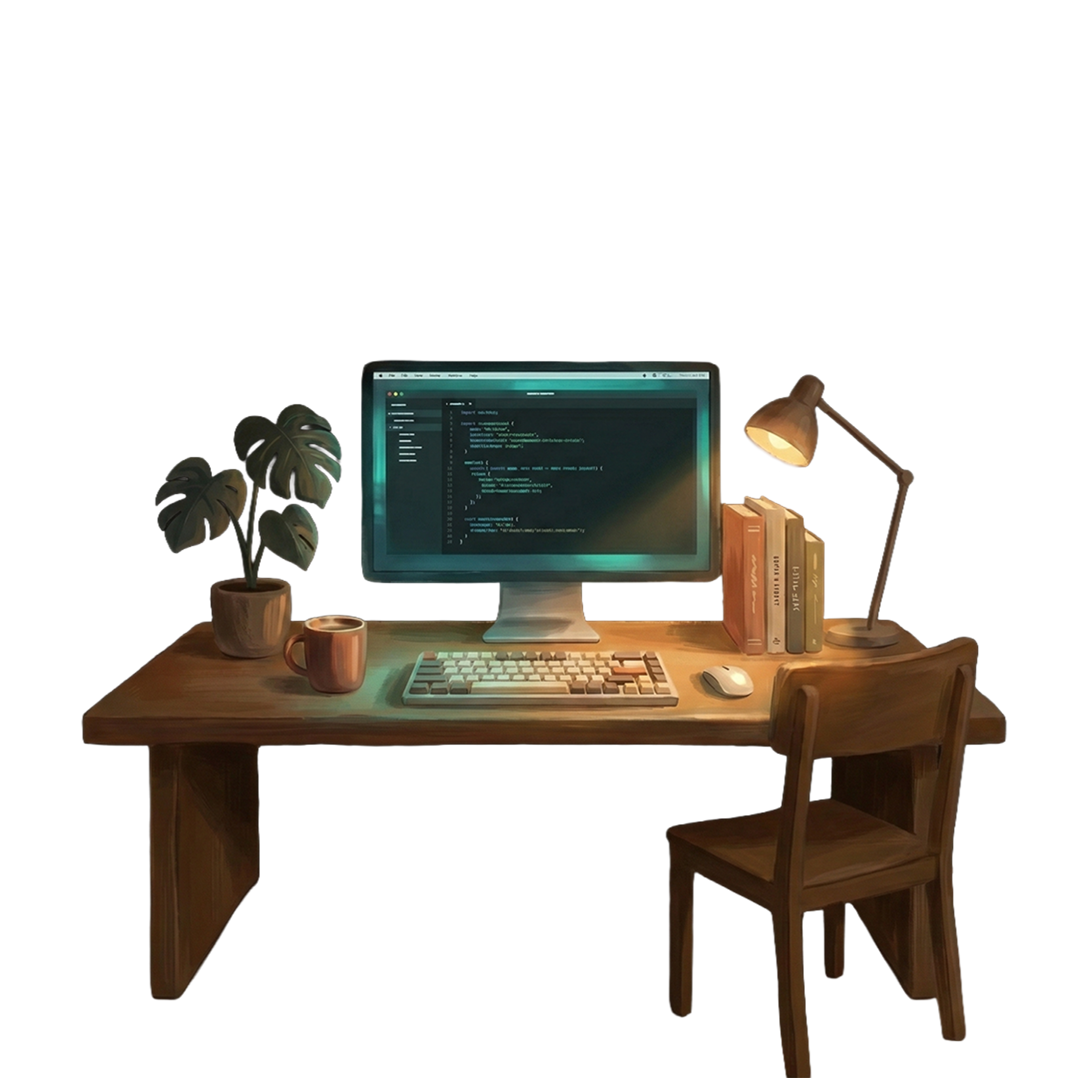 Workdesk at night with code on screen